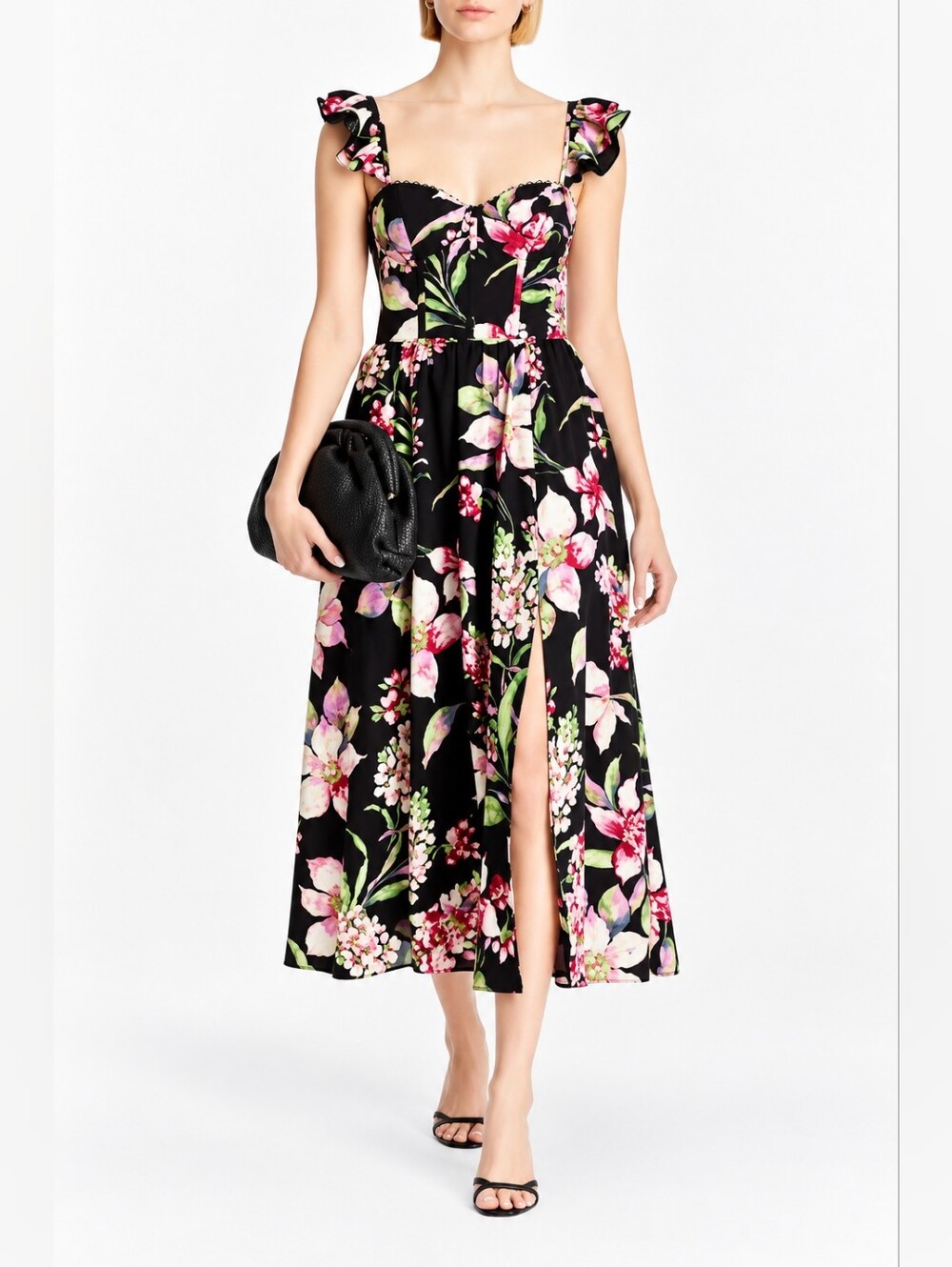 NWT Aqua bustier corset tie black floral ruffle shoulder midi dress size S